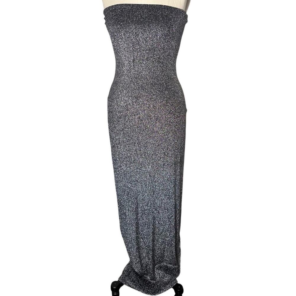 Naked Wardrobe Small Silver Charcoal Shimmer Strapless Maxi Dress NW-D5077-N
